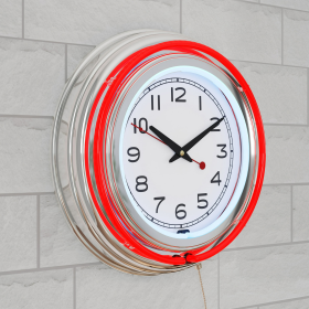 Retro Neon Wall Clock - Battery Operated Wall Clock Vintage Bar Garage Kitchen Game Room ? 14 Inch Round Analog by Lavish Home (Red and White) - Trade